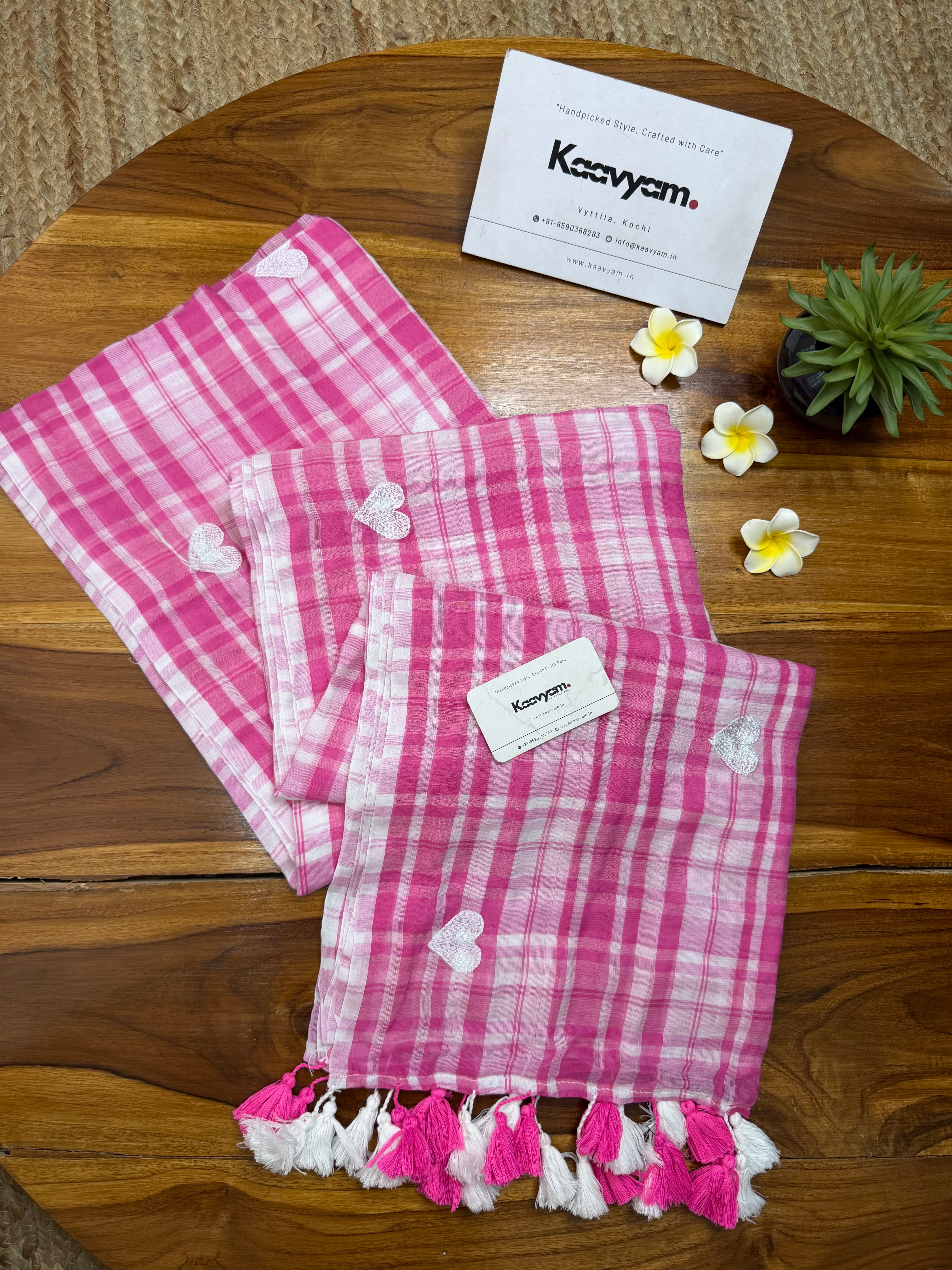 Plaid Pink Heart Mul Cotton Saree