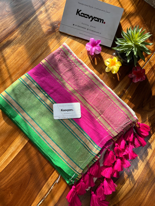 Tri Color Broad Border Mul Cotton Saree - Manka