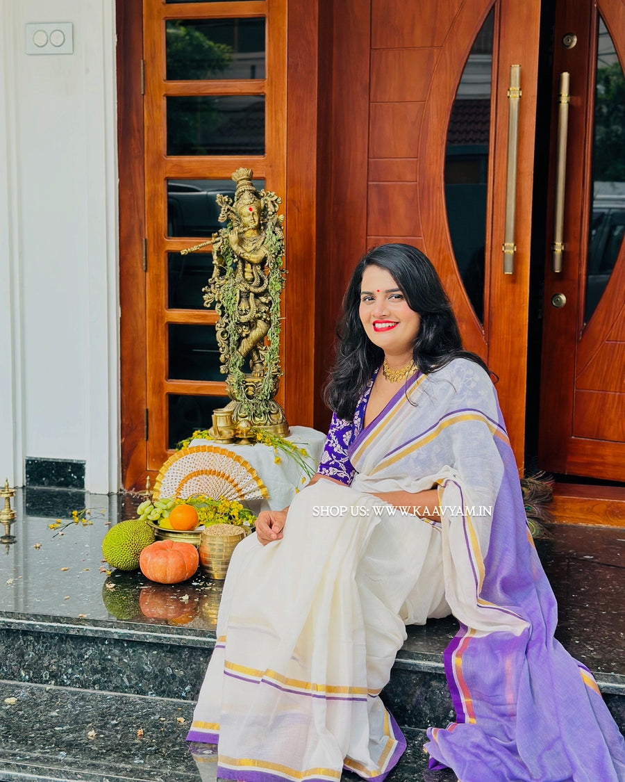 Blue Kara & Kasav Mul Cotton Saree