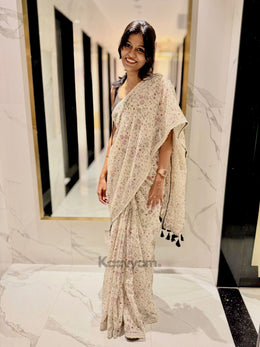 Plant Printed Lace Mul Cotton Saree