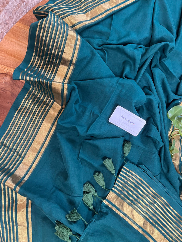Kasav Stripes Green Mul Cotton Saree