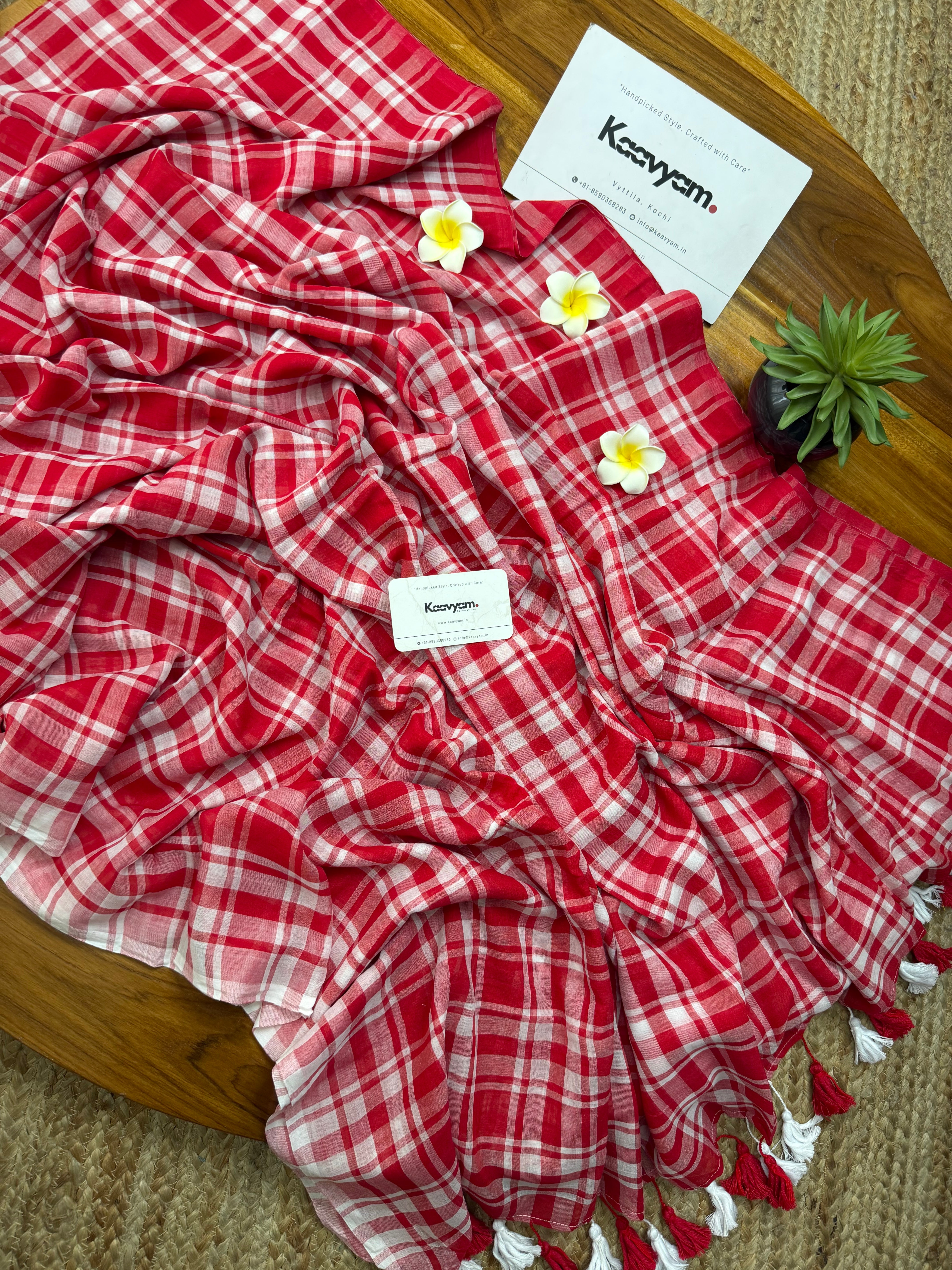Plaid Red Mul Cotton Saree