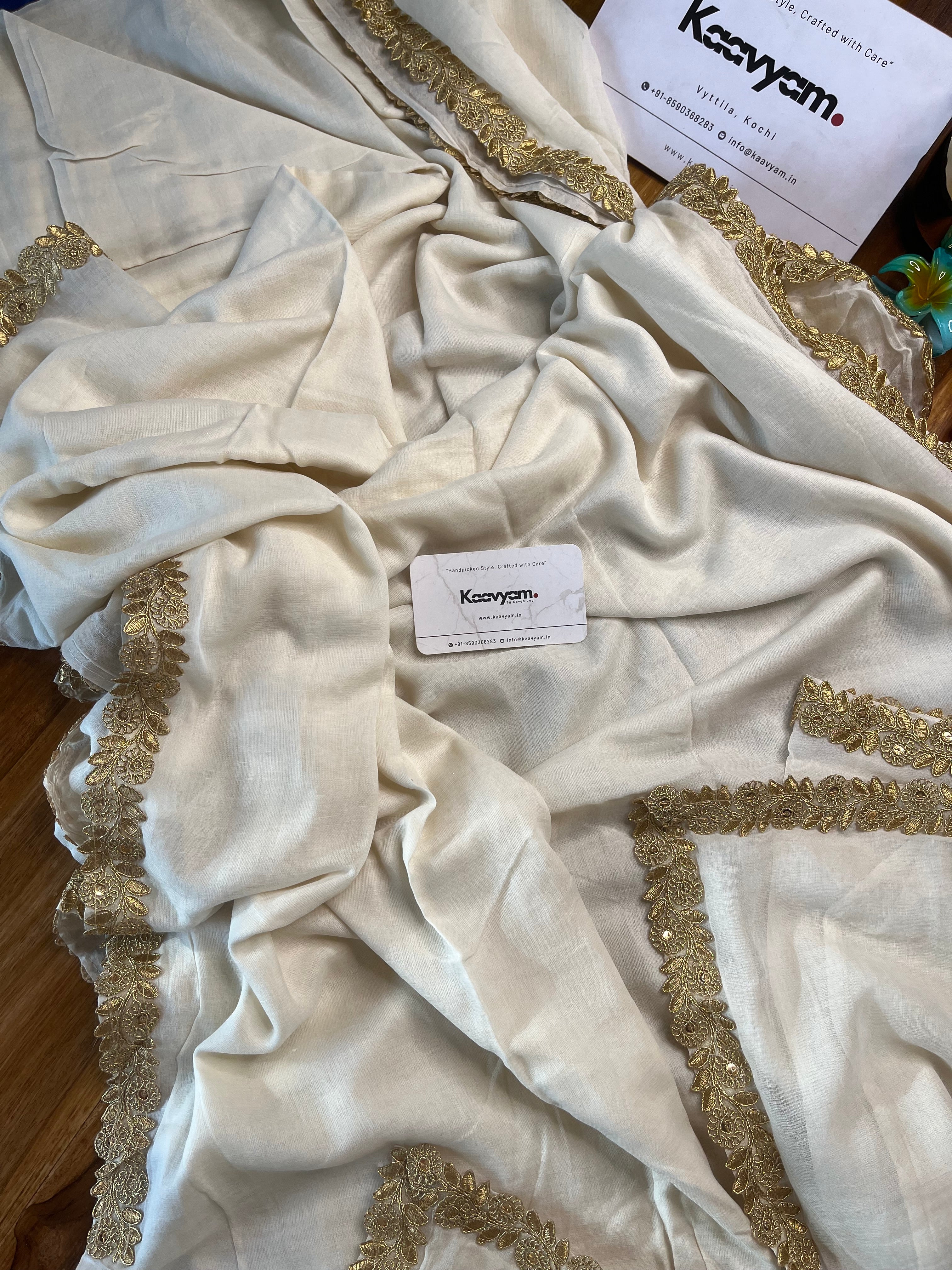 Off-White Golden Lace Border Mul Cotton Saree