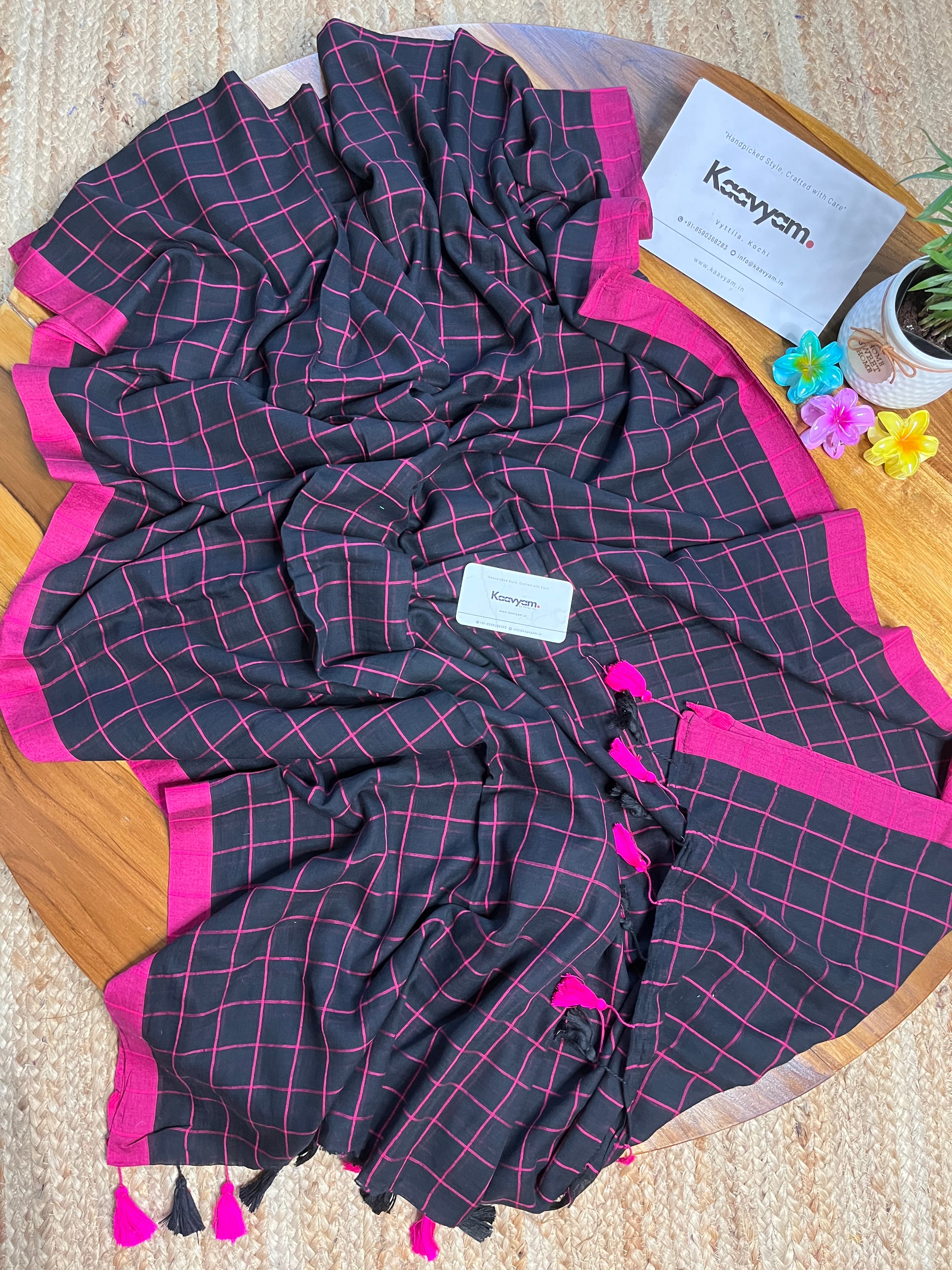 Black & Pink Check Mul Cotton Saree