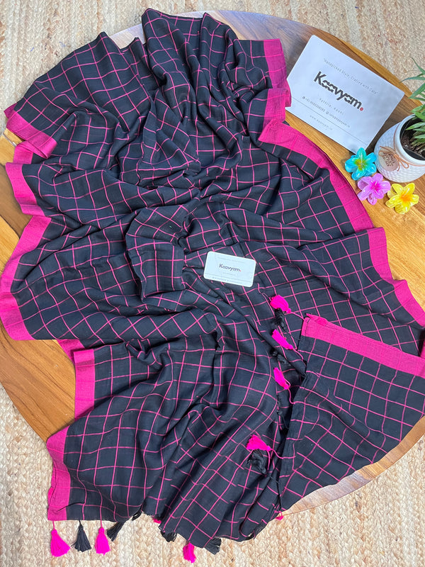 Black & Pink Check Mul Cotton Saree
