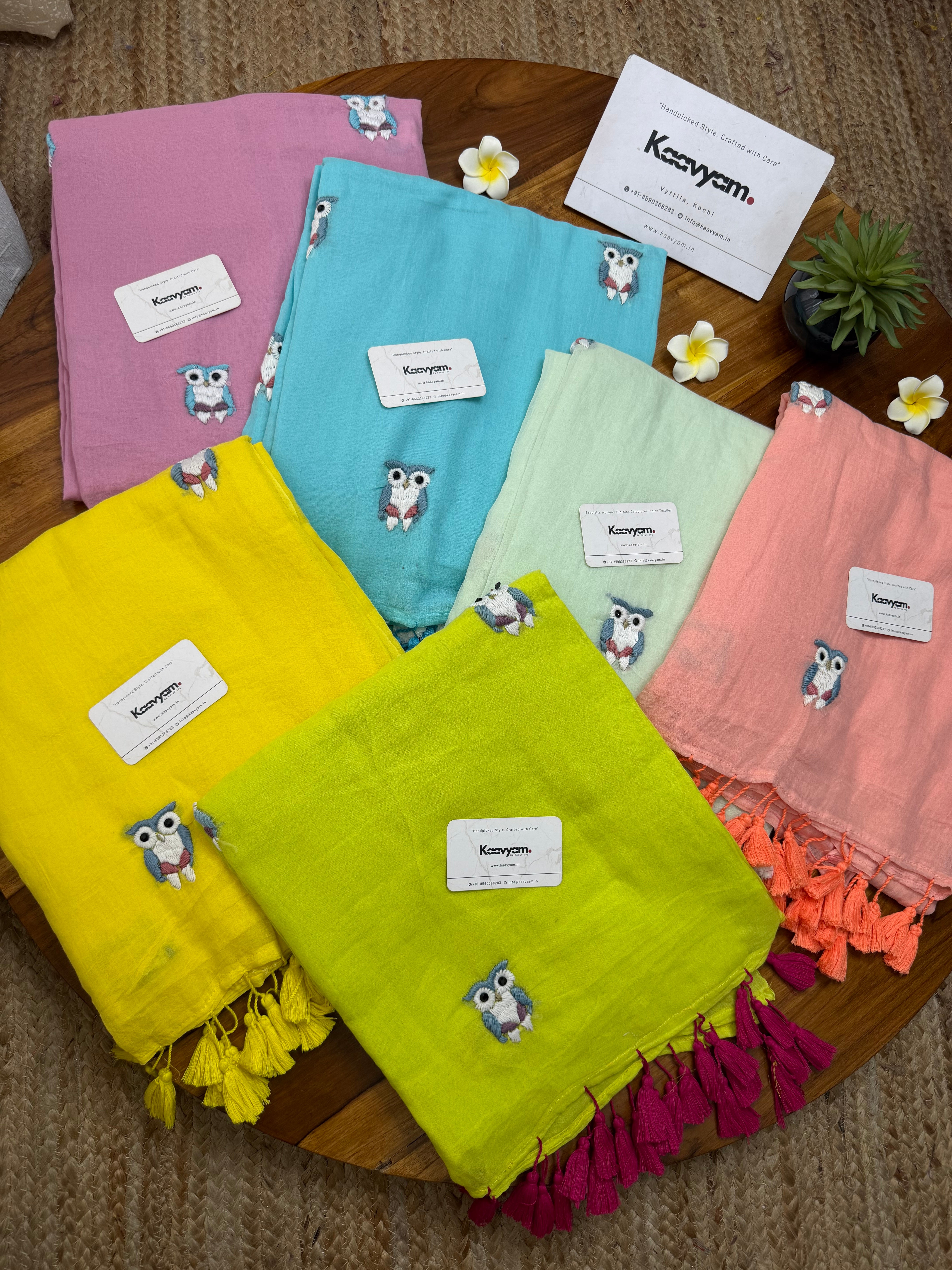 Owl Embroidery Mul Cotton Saree