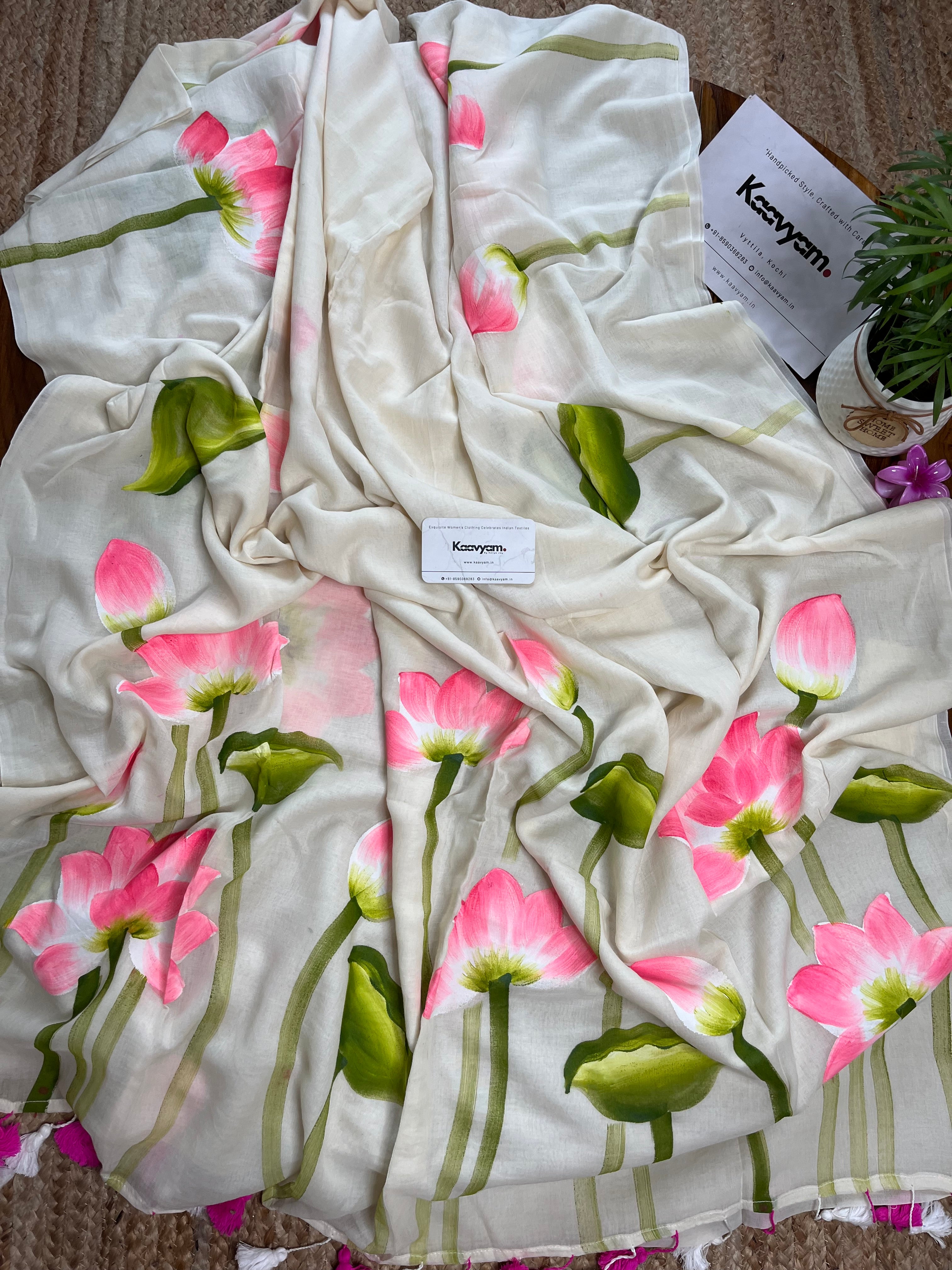 Thamarappoo Handpainted Mul Cotton Saree