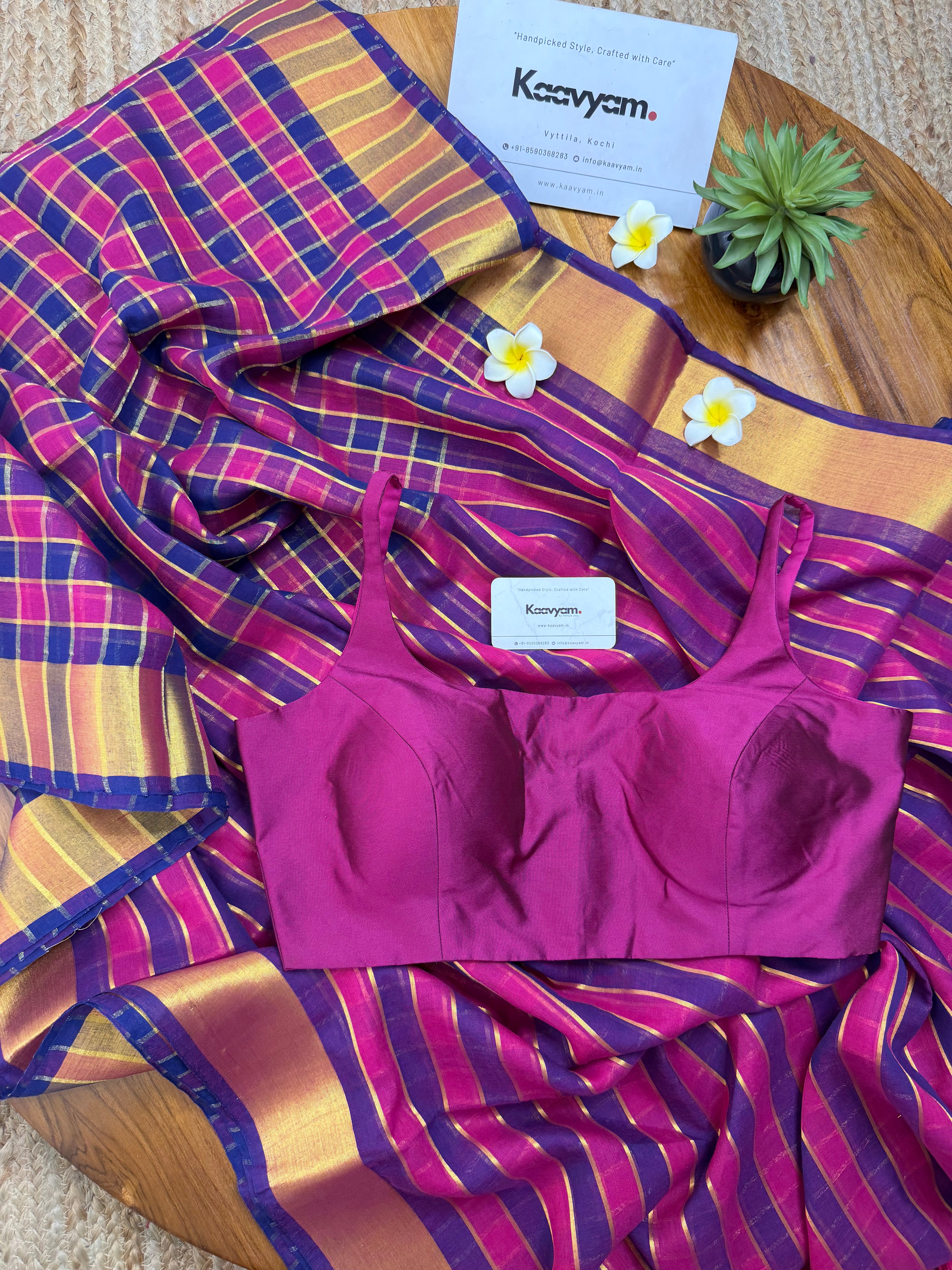 Check & Stripe Fusion Mul Cotton Saree