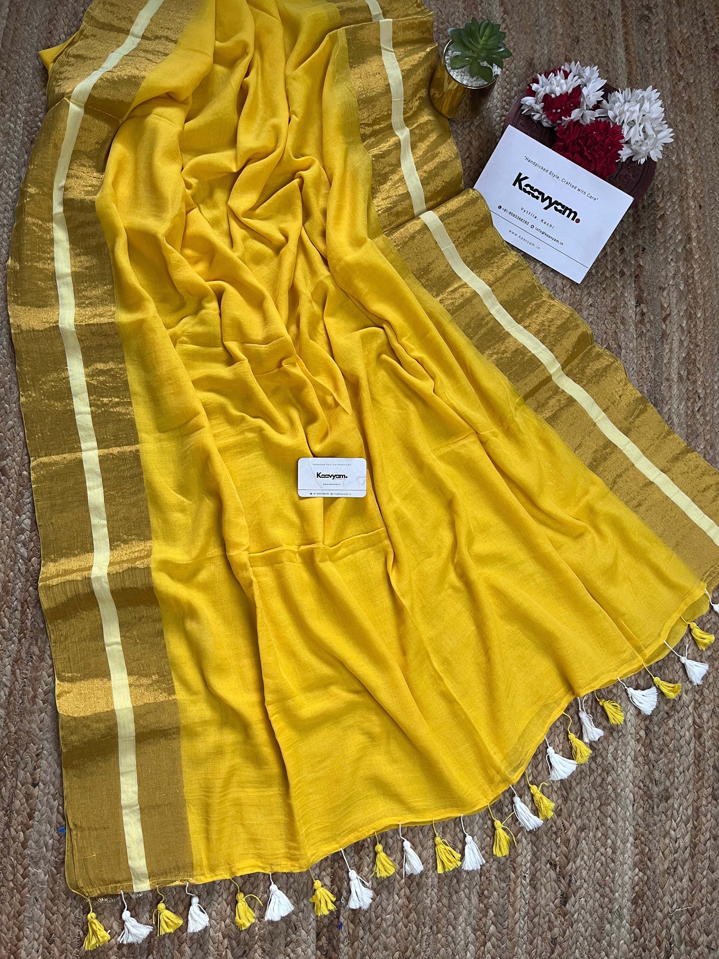 Yellow Kasav Mul Cotton Saree
