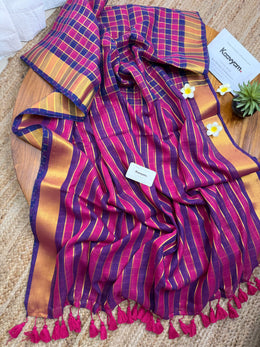 Check & Stripe Fusion Mul Cotton Saree