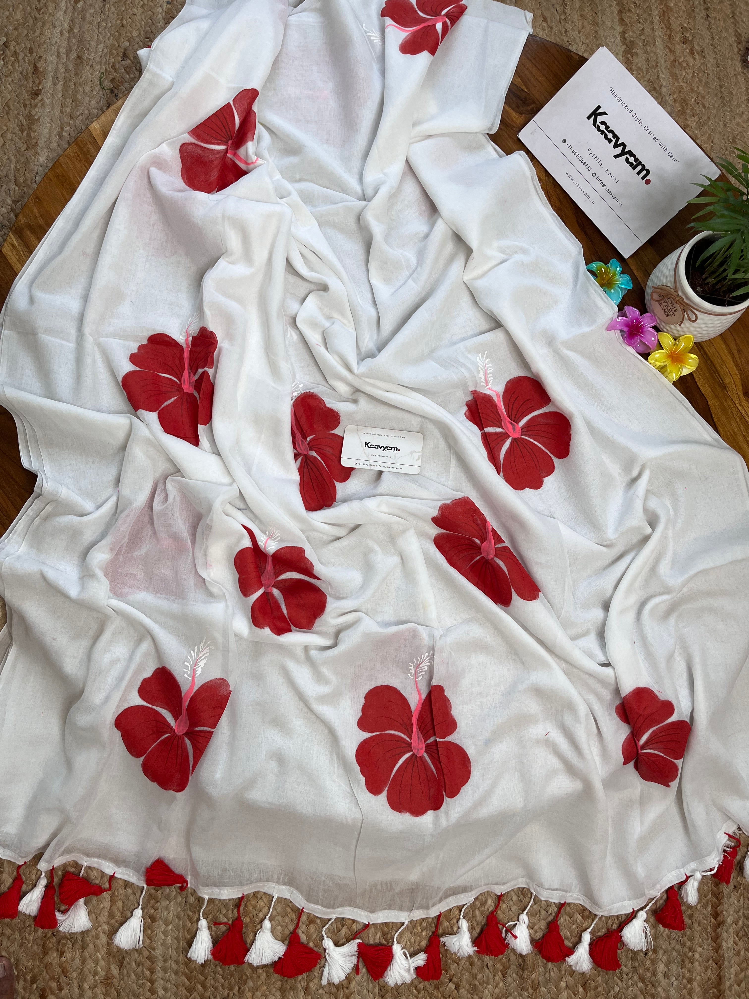 Red Hibiscus Handpainted Mul Cotton Saree