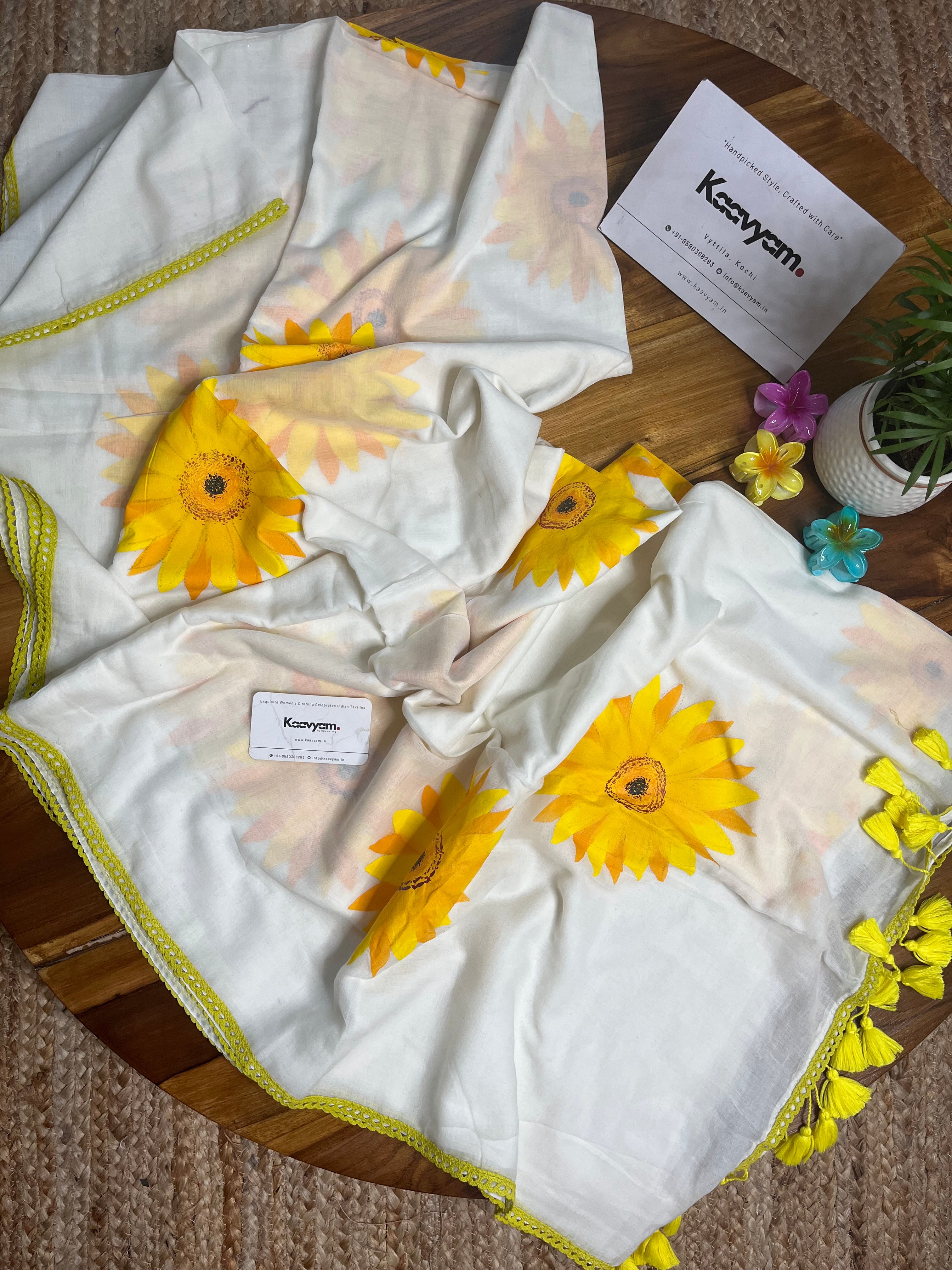 Sunflower Handpainted Mul Cotton Saree - MANKA