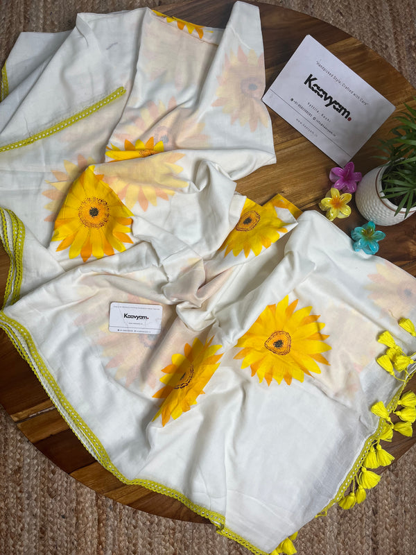 Sunflower Handpainted Mul Cotton Saree - MANKA