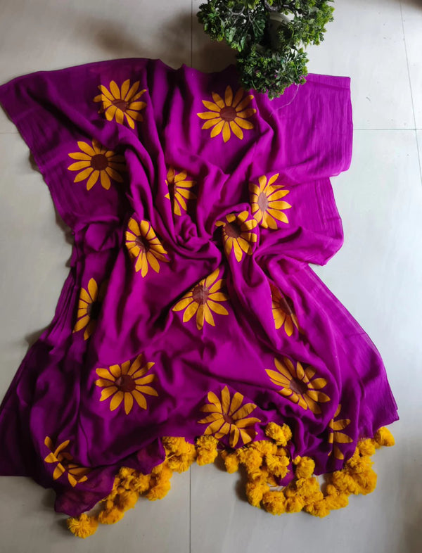 Sunflower Hand painted Mul cotton Saree