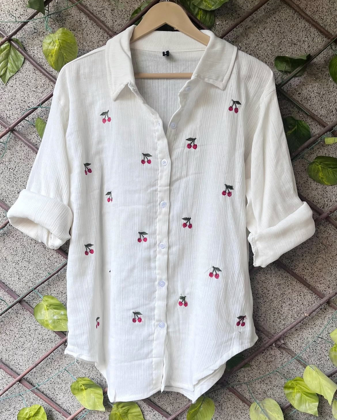 Cherry Embroidery Mul Cotton Shirt