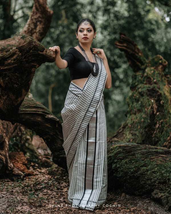 Silver Kasav and Black Set & Mundu