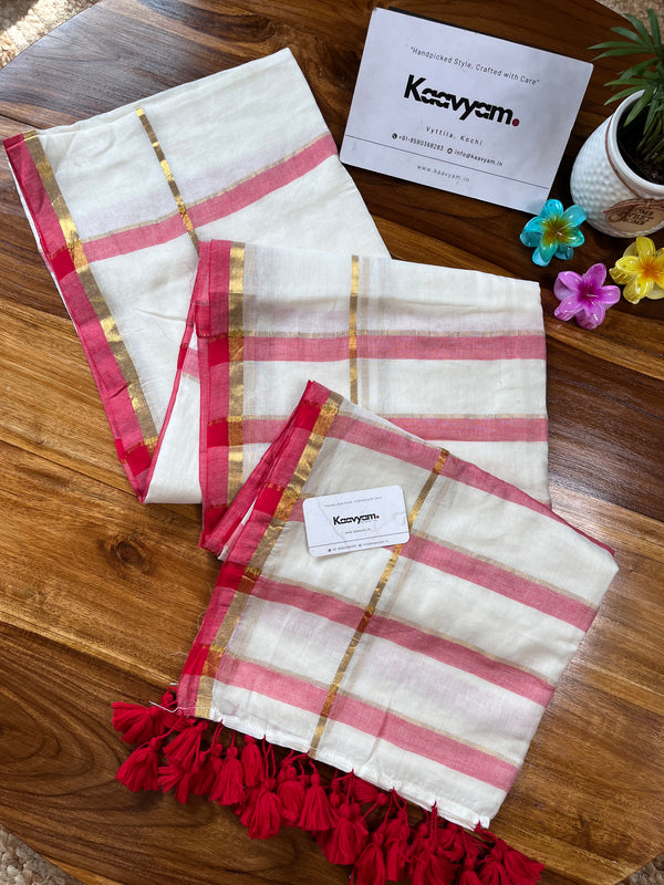 Kerala Stripes & Check Mul Cotton Saree - MANKA
