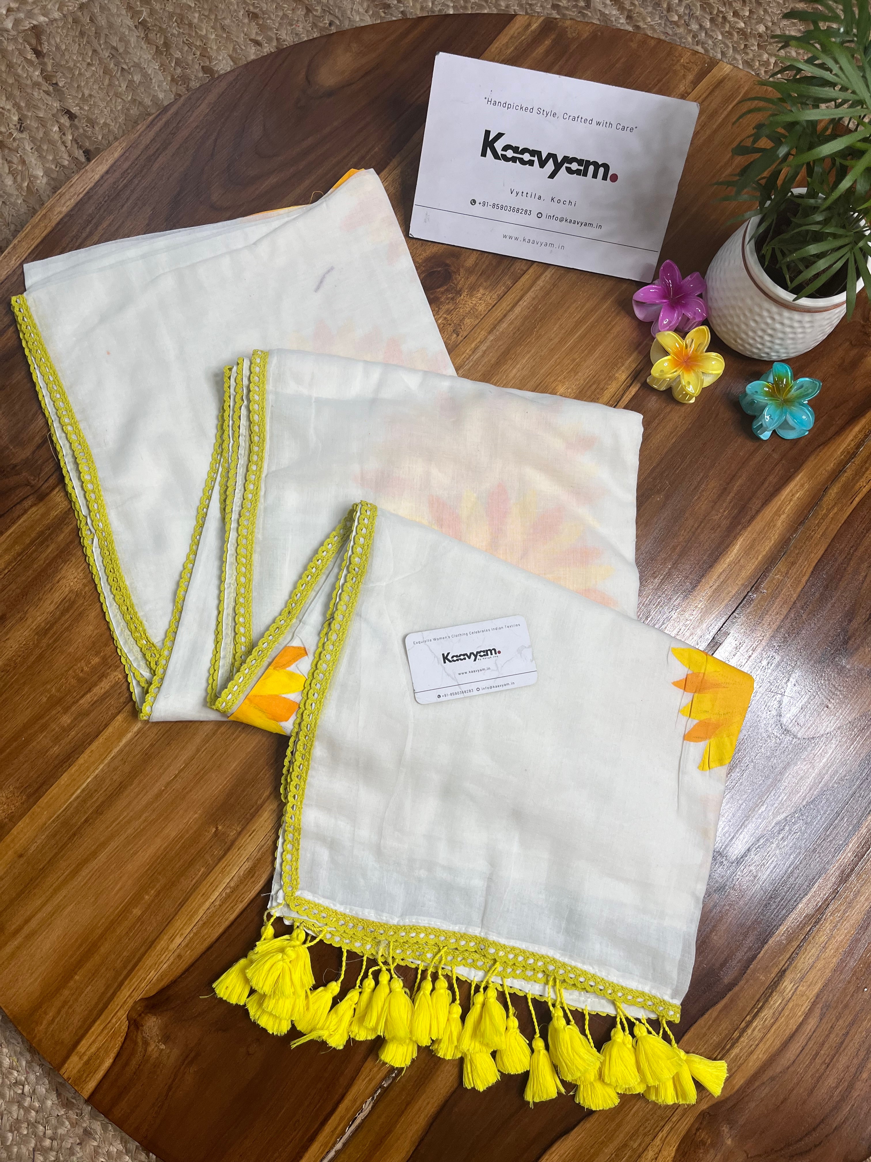 Sunflower Handpainted Mul Cotton Saree - MANKA