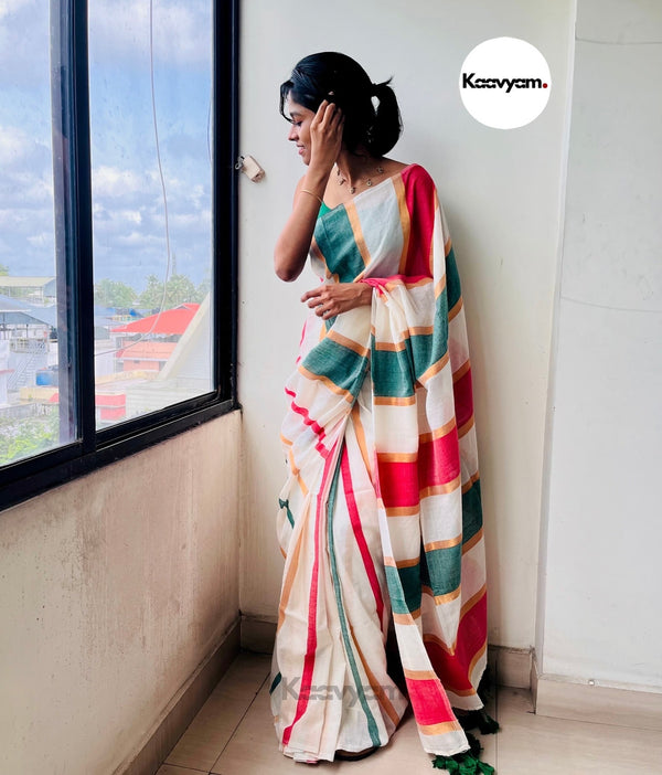 Copper Zari Stripe Mul Cotton Saree - Manka