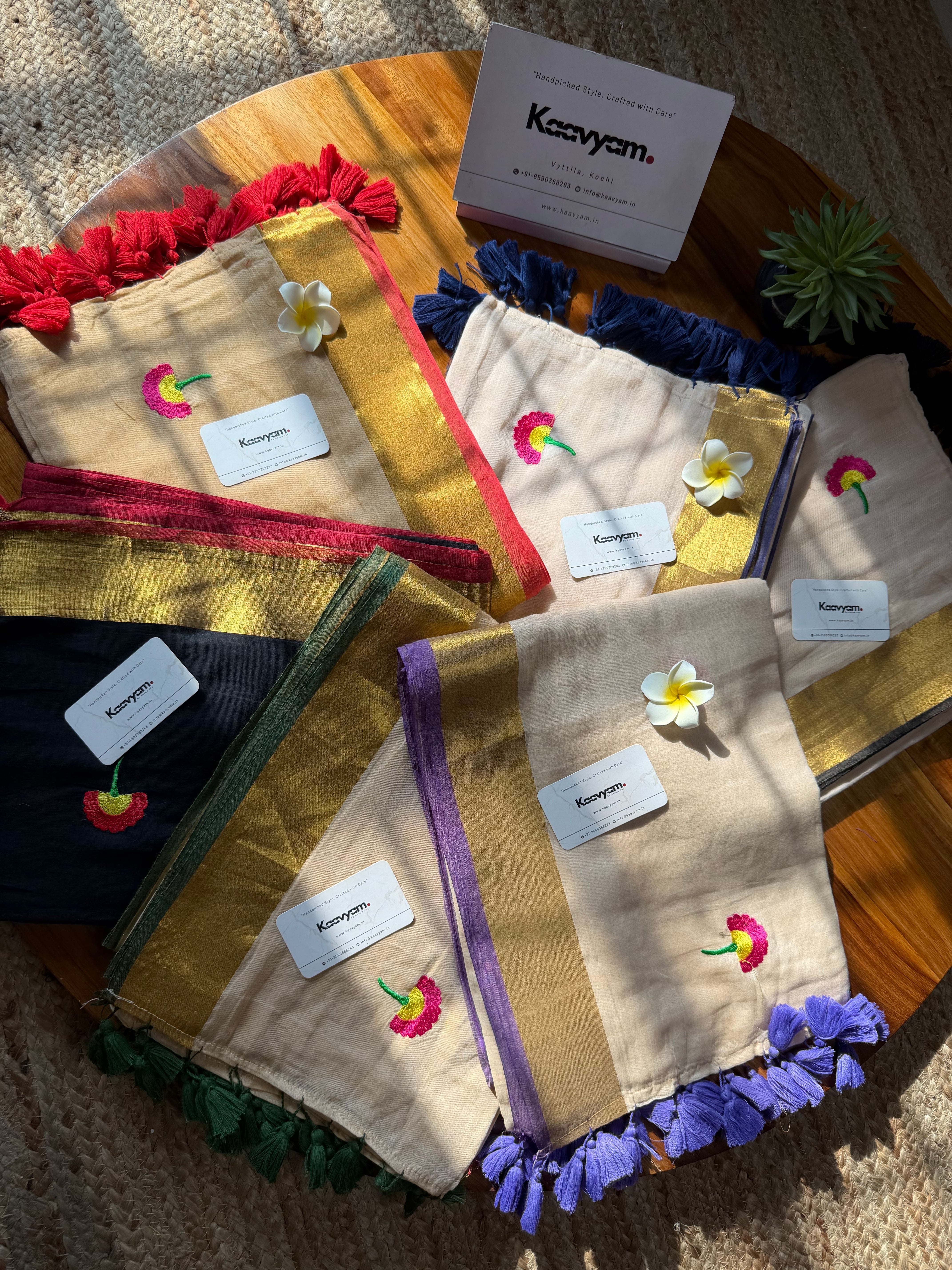 Marigold Embroidery Kerala Kasav & Kara Mul Cotton Saree