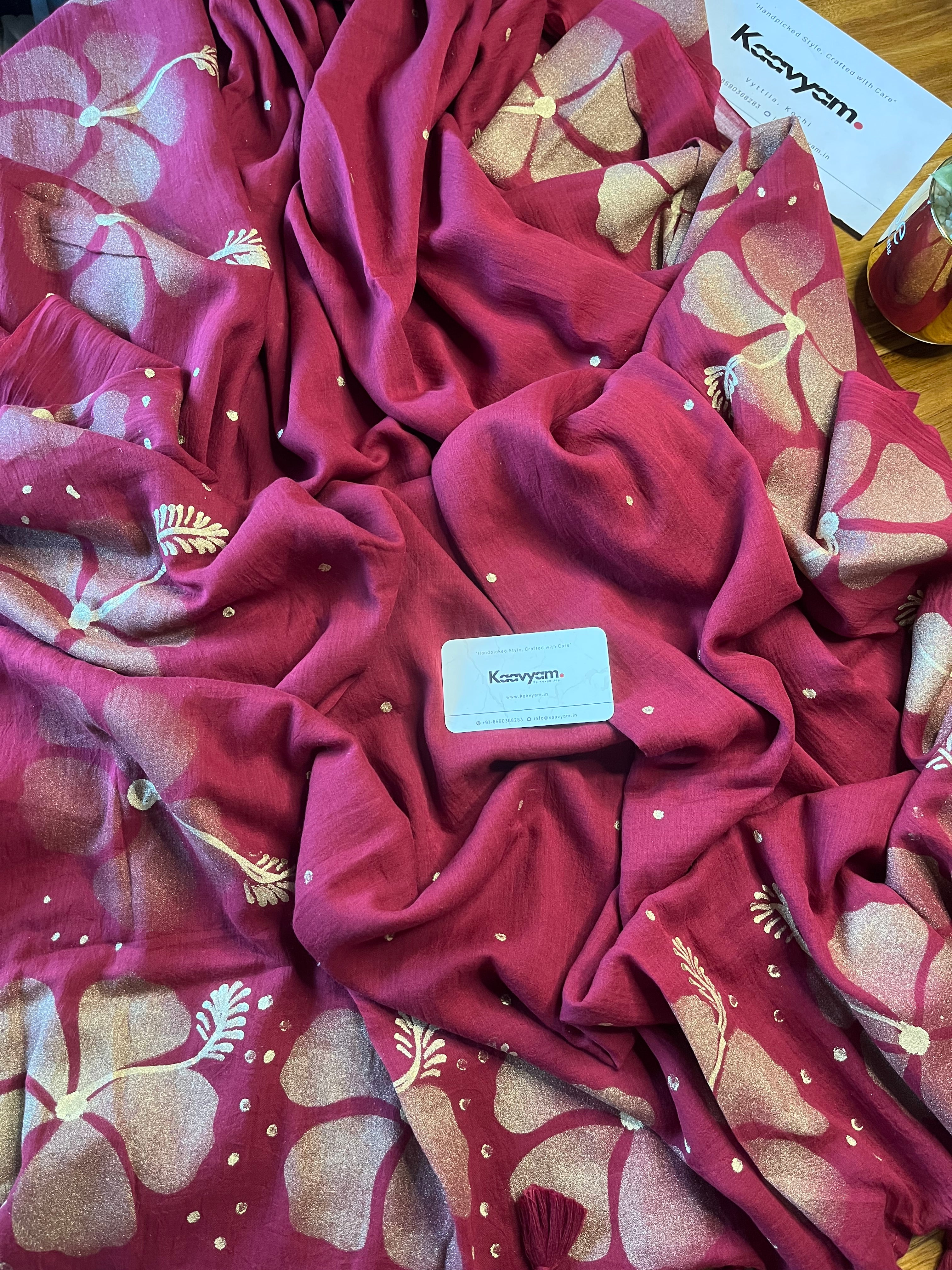 Gold Hibiscus Printed Mul Cotton Saree