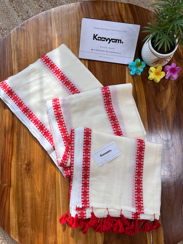 Red Motif Stripe Mul Cotton Saree - Manka