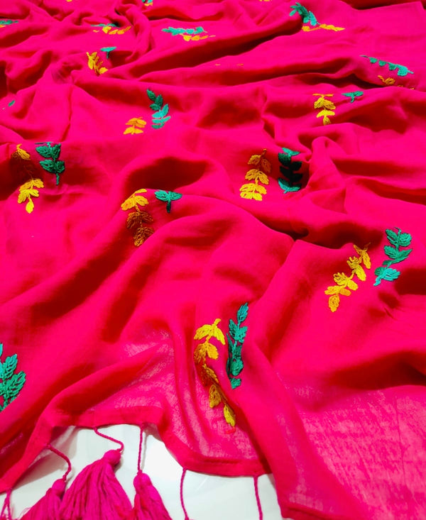 Leaf Hand Embroidery Mul Cotton Saree