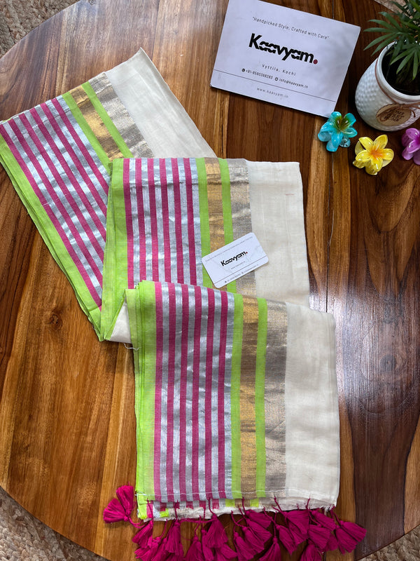 Multi Stripe Border Mul Cotton Saree - Manka