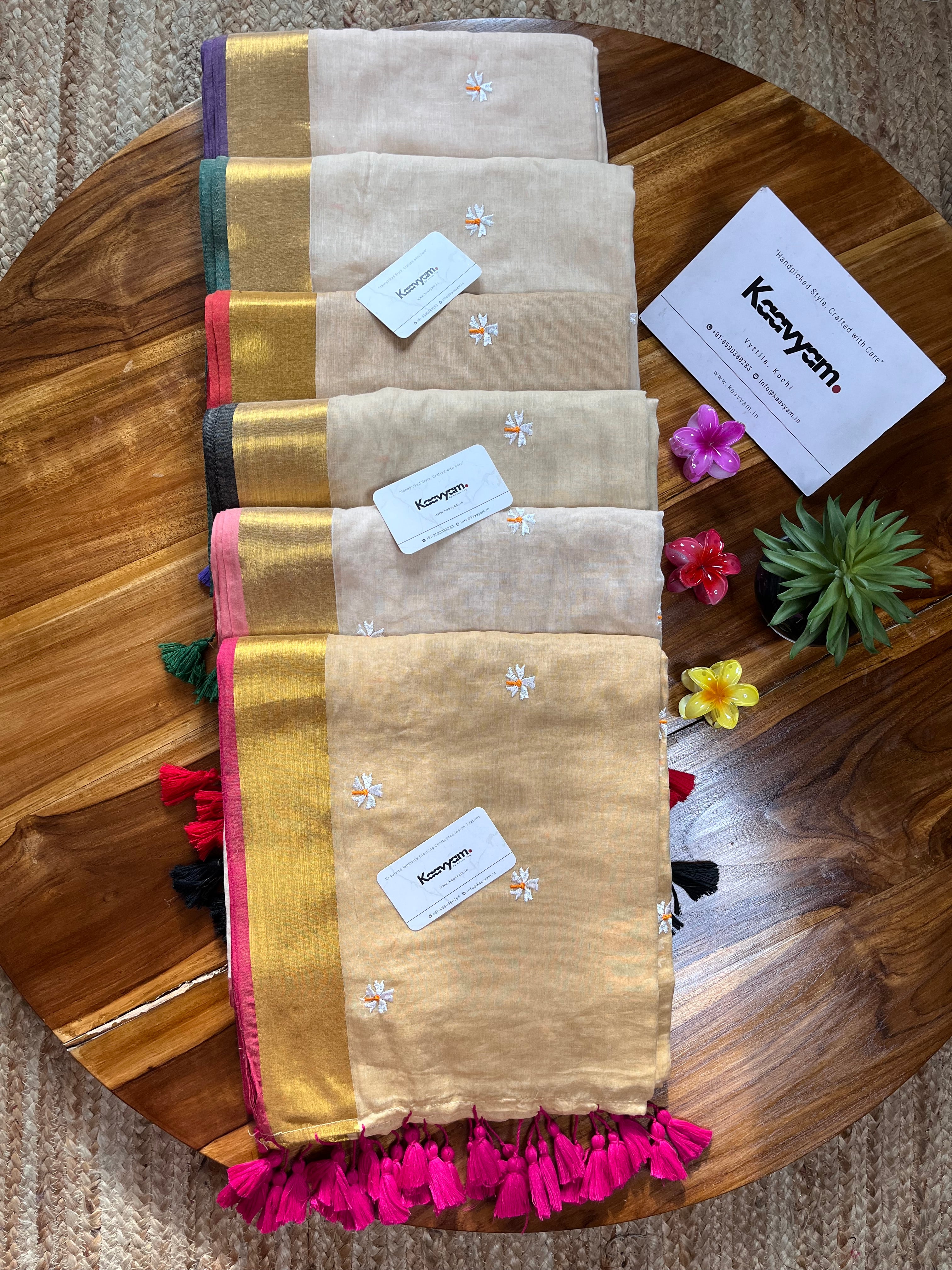 Kasav & Kara Mallippo Embroidery Mul cotton Saree