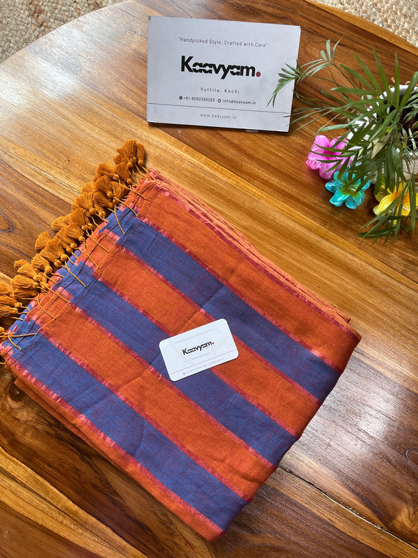 Blue & Brown Stripes Mul Cotton Saree