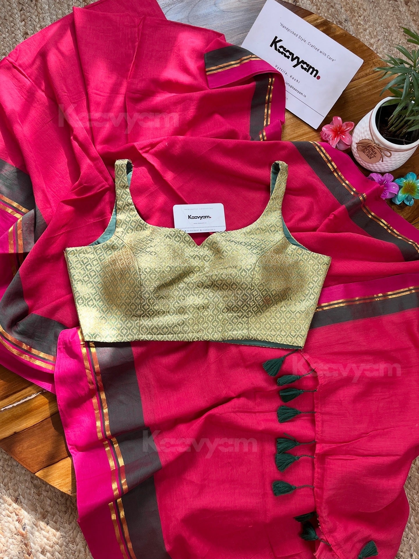Pink & Green String Mul Cotton Saree & Blouse Combo - Rangeela