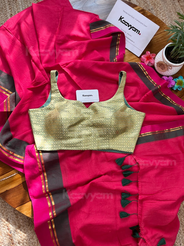 Pink & Green String Mul Cotton Saree & Blouse Combo - Rangeela