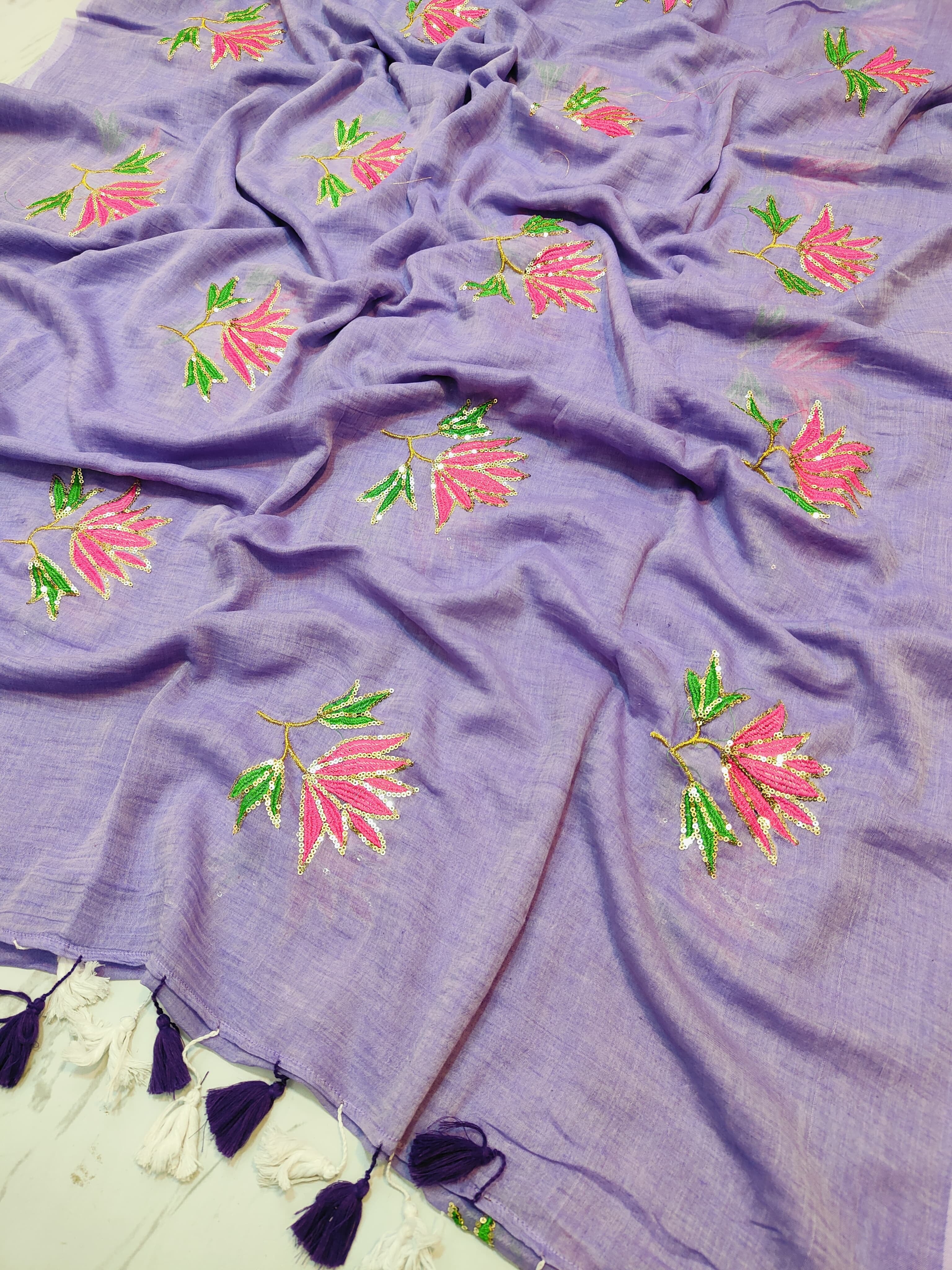 Sequins Floral Mul Cotton Saree