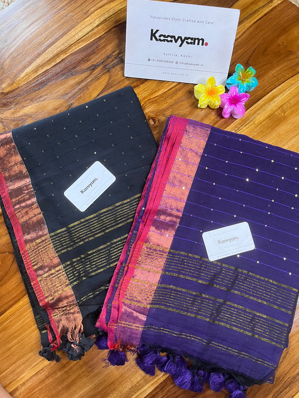 Sequins & Contrast Border Mul Cotton Saree