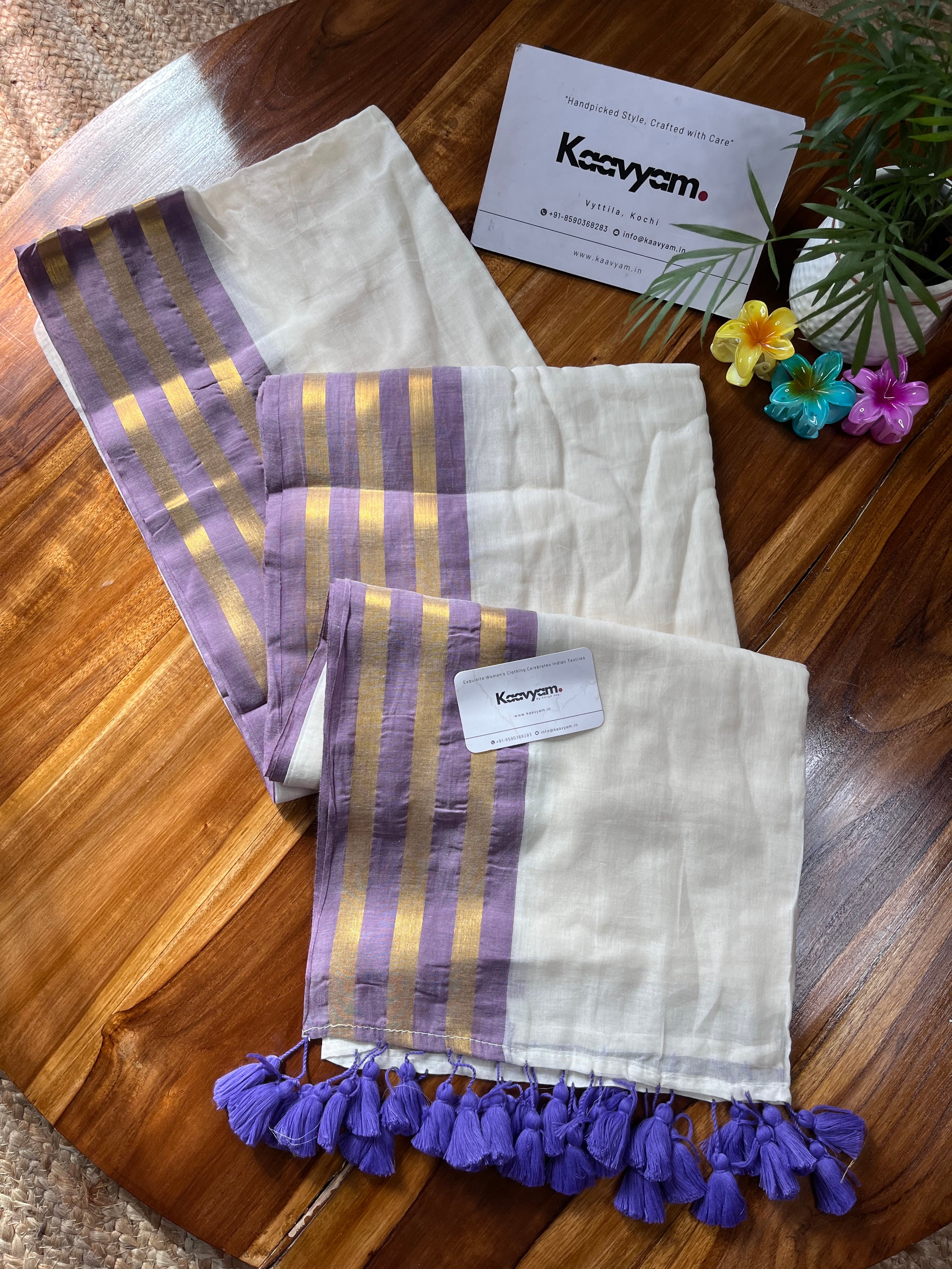 Kasav & Lavender Border Mul Cotton Saree