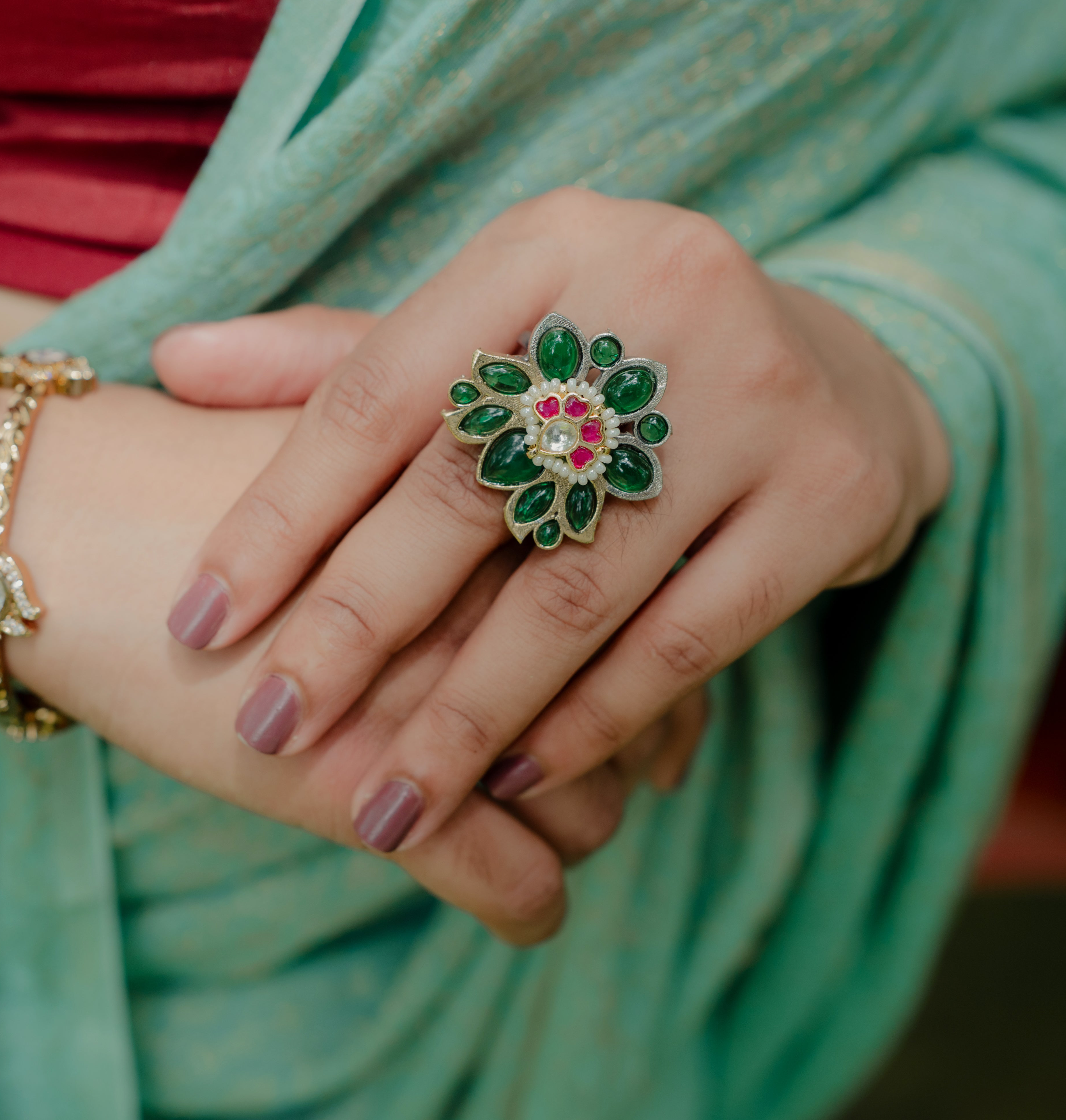 Lotus Adjustable Kundhan Ring