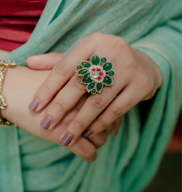 Lotus Adjustable Kundhan Ring