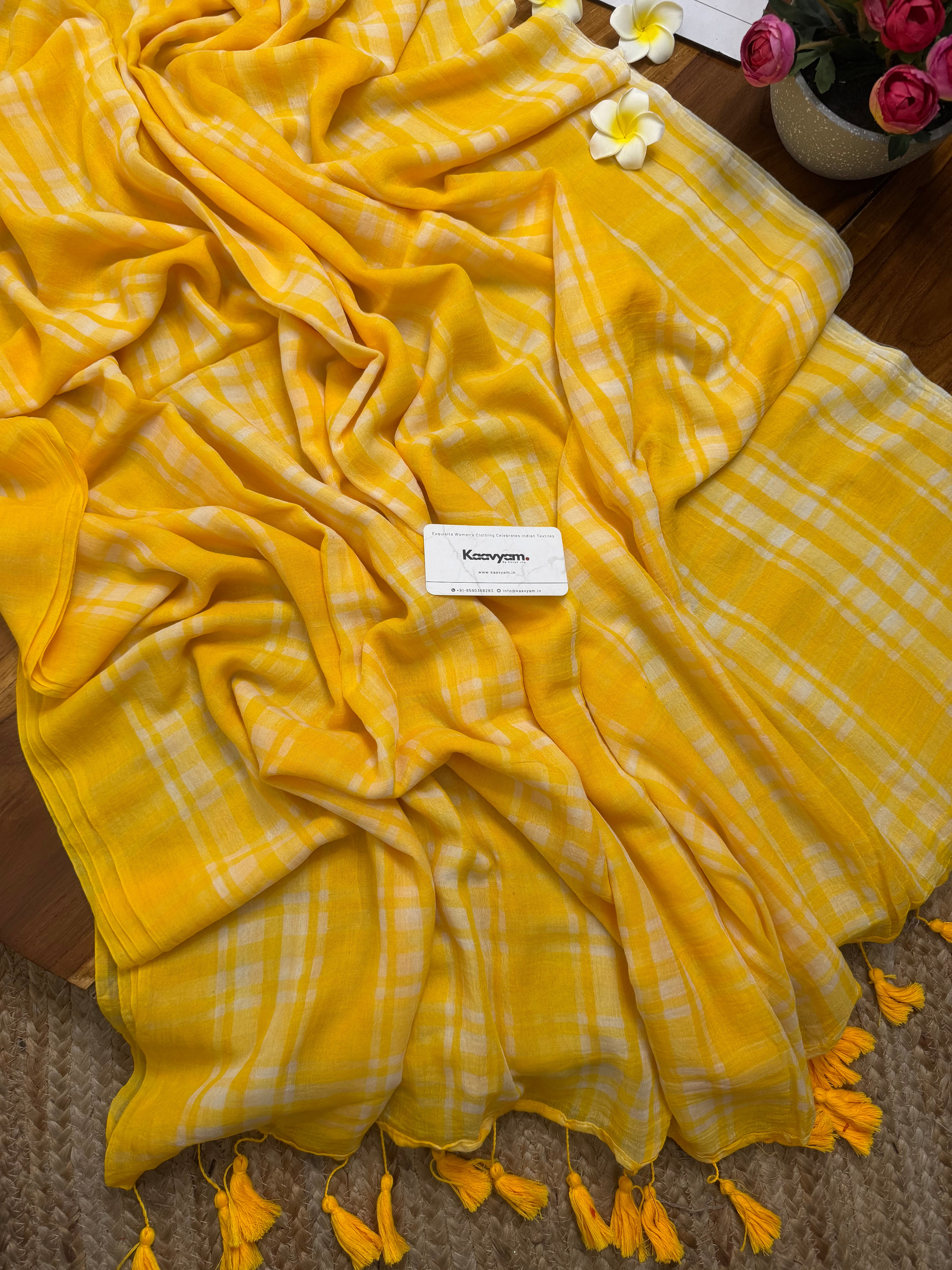 Lemon Lattis Checks Mul Cotton Saree