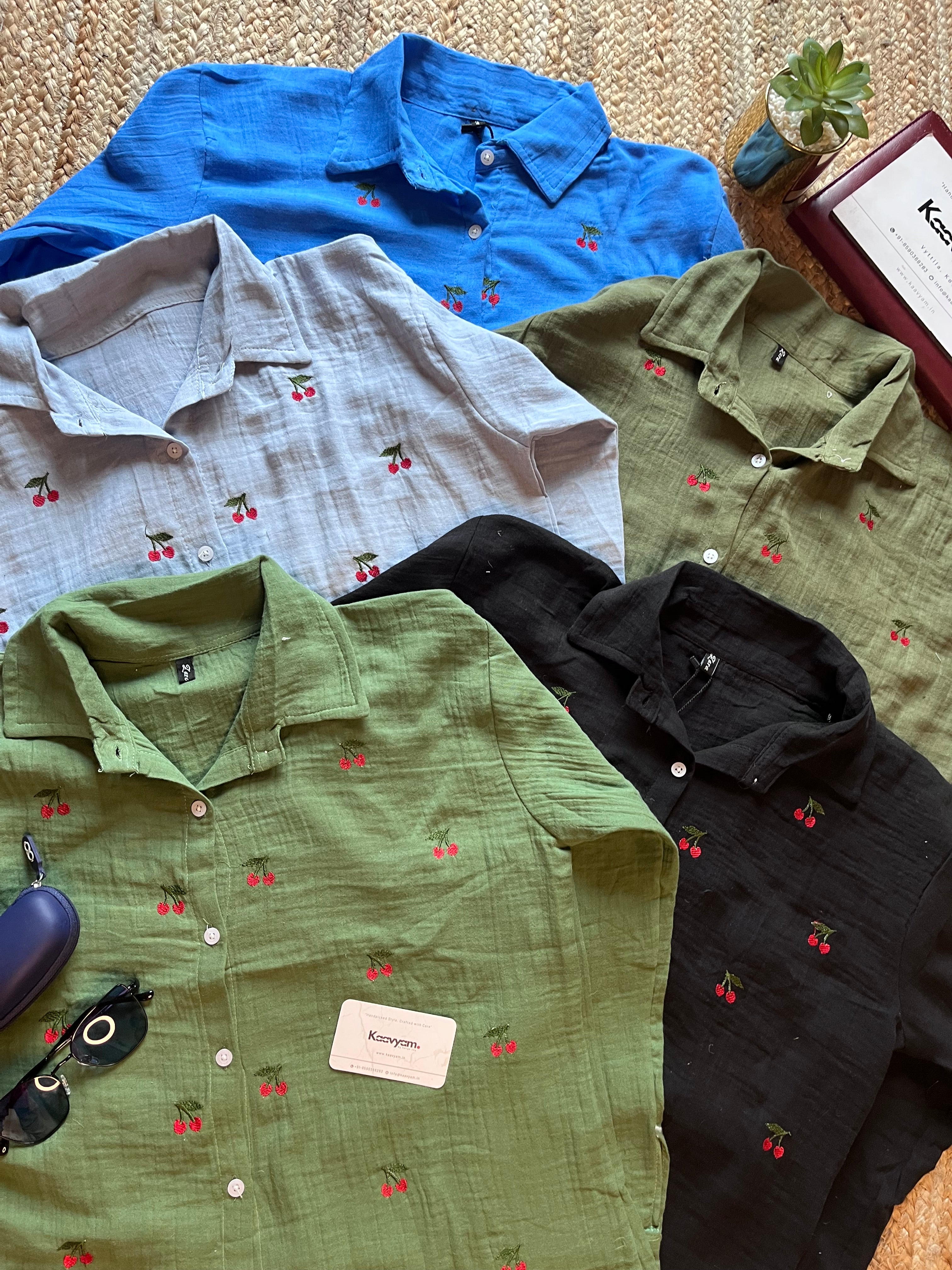 Cherry Embroidery Mul Cotton Shirt