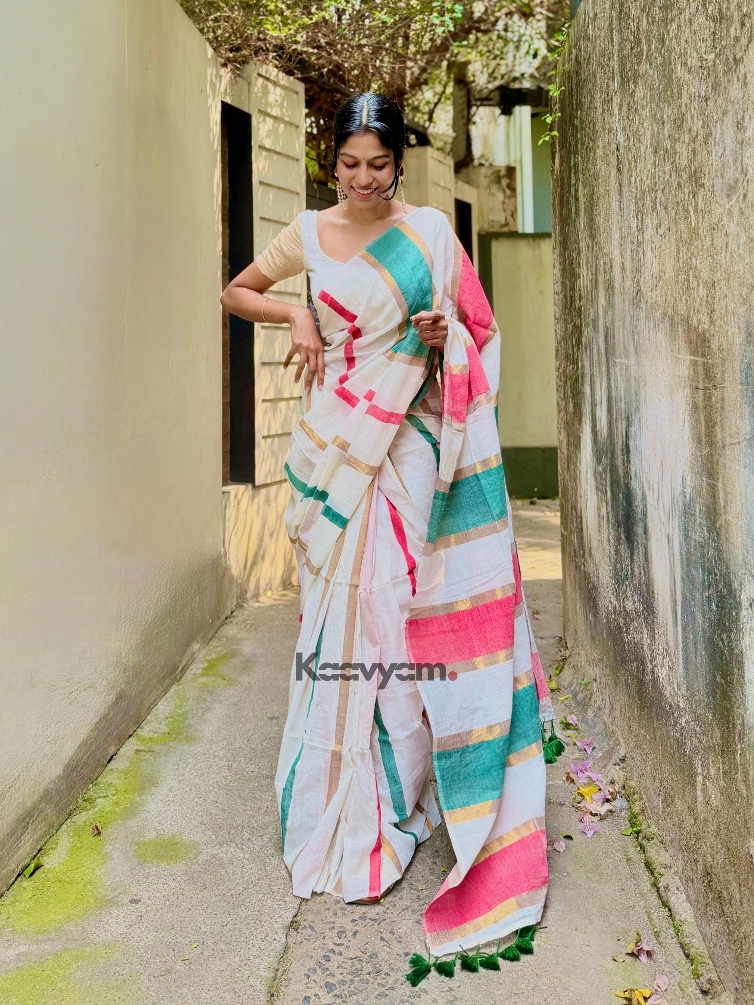 Copper Zari Stripe Mul Modal Saree - Manka