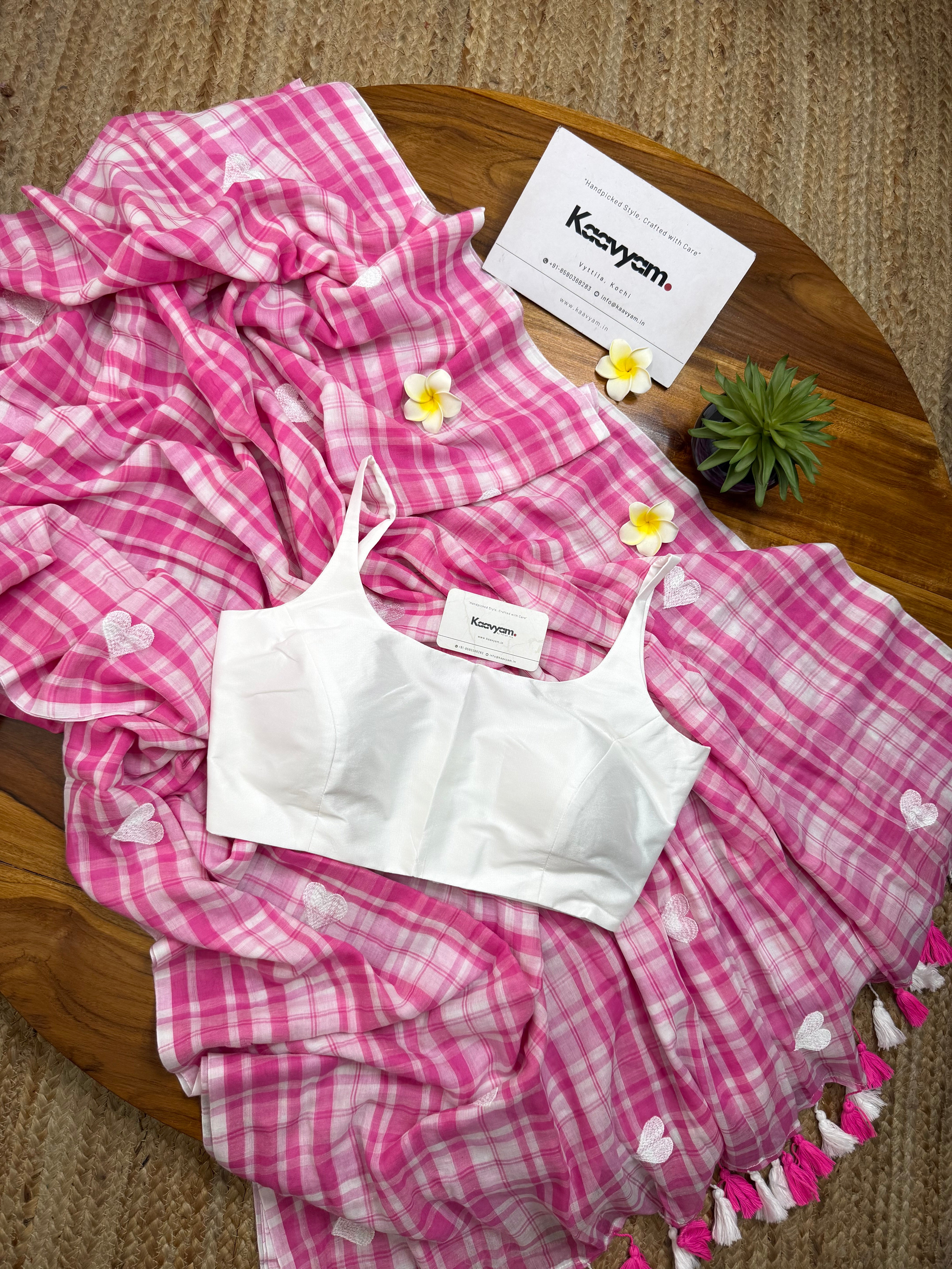 Plaid Pink Heart Mul Cotton Saree