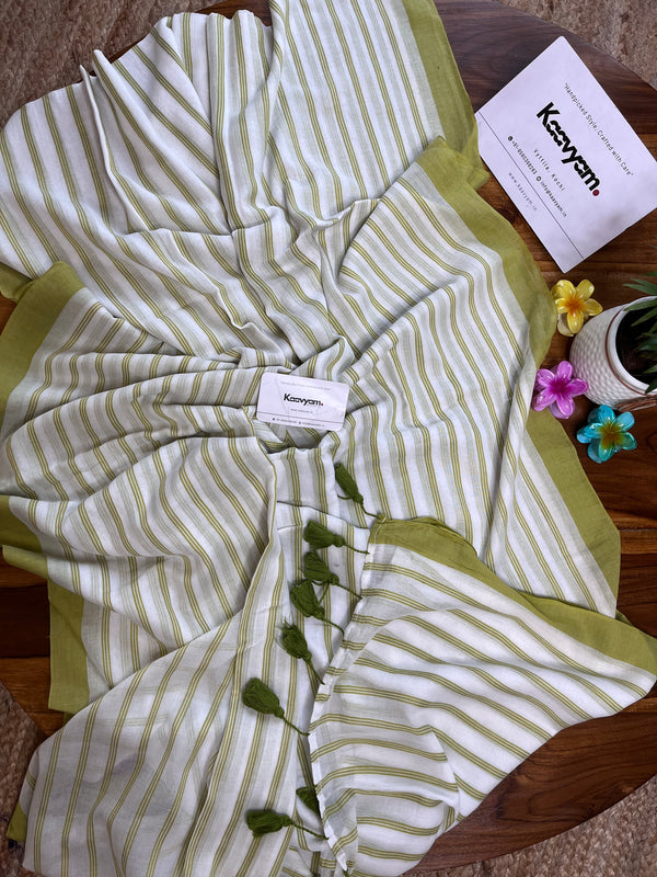 Green Stripes Mul Cotton Saree
