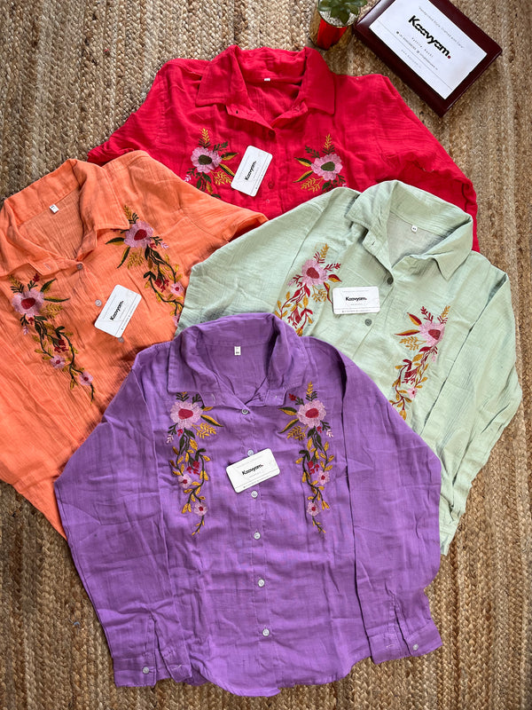 Floral Branch Embroidery Mul Cotton Shirt