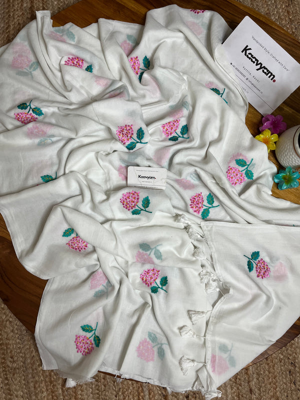 Flora Embroidery Mul Cotton Saree