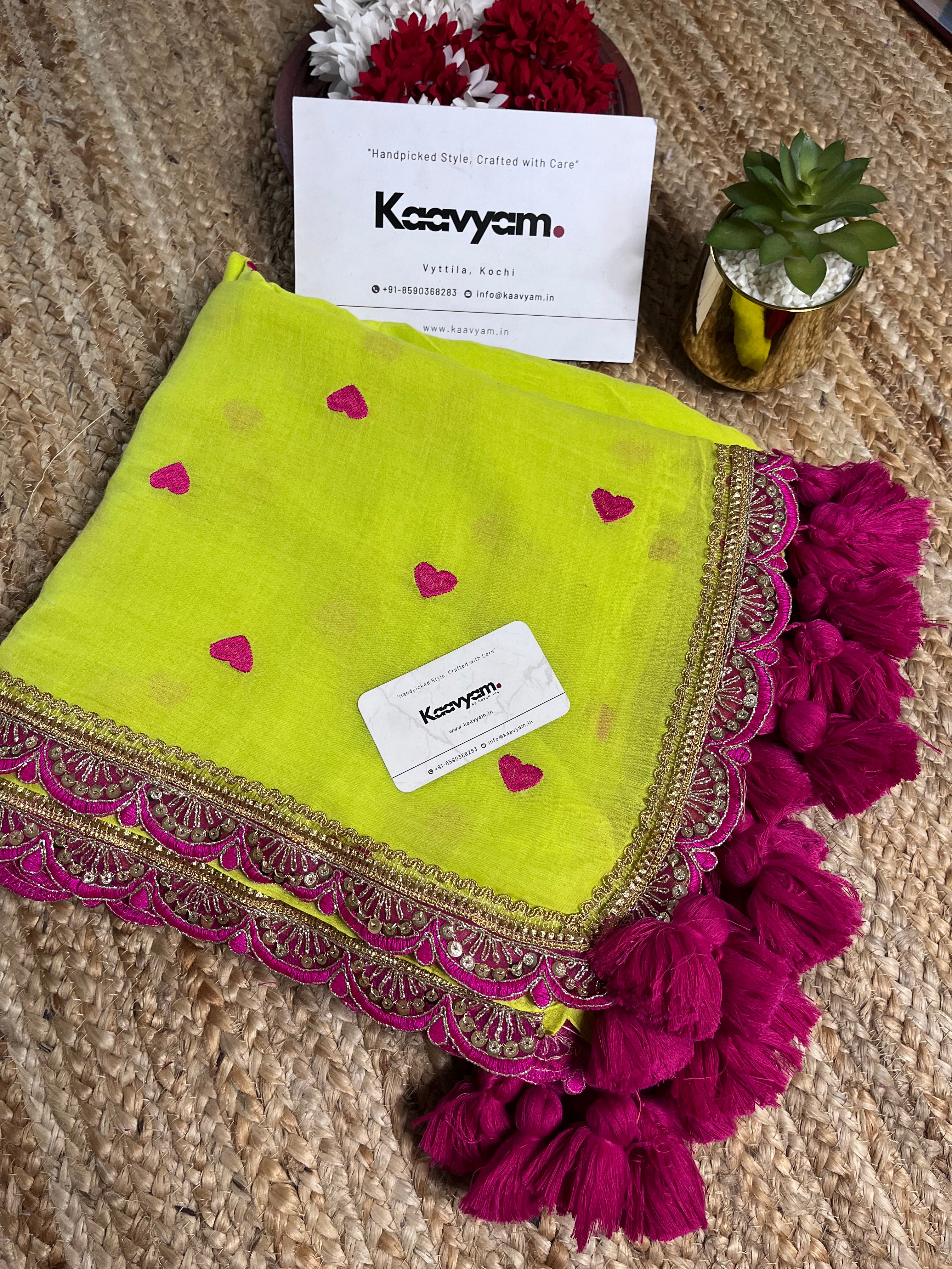 Heart Embroidery Lace Mul Cotton Saree