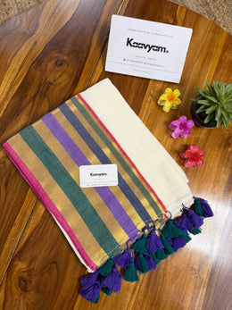 Multi Color Broad Border Mul Cotton Saree - Manka