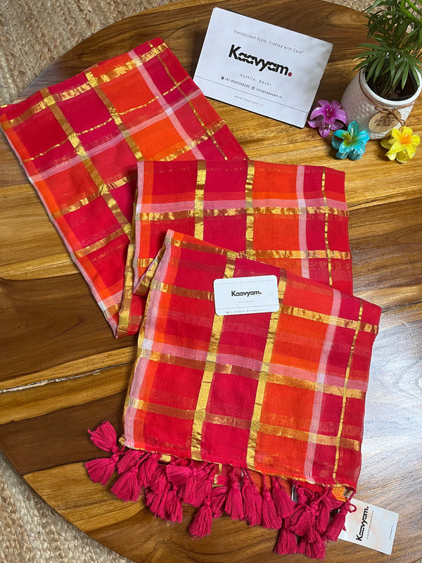 Orange Gold Check Mul Cotton Saree