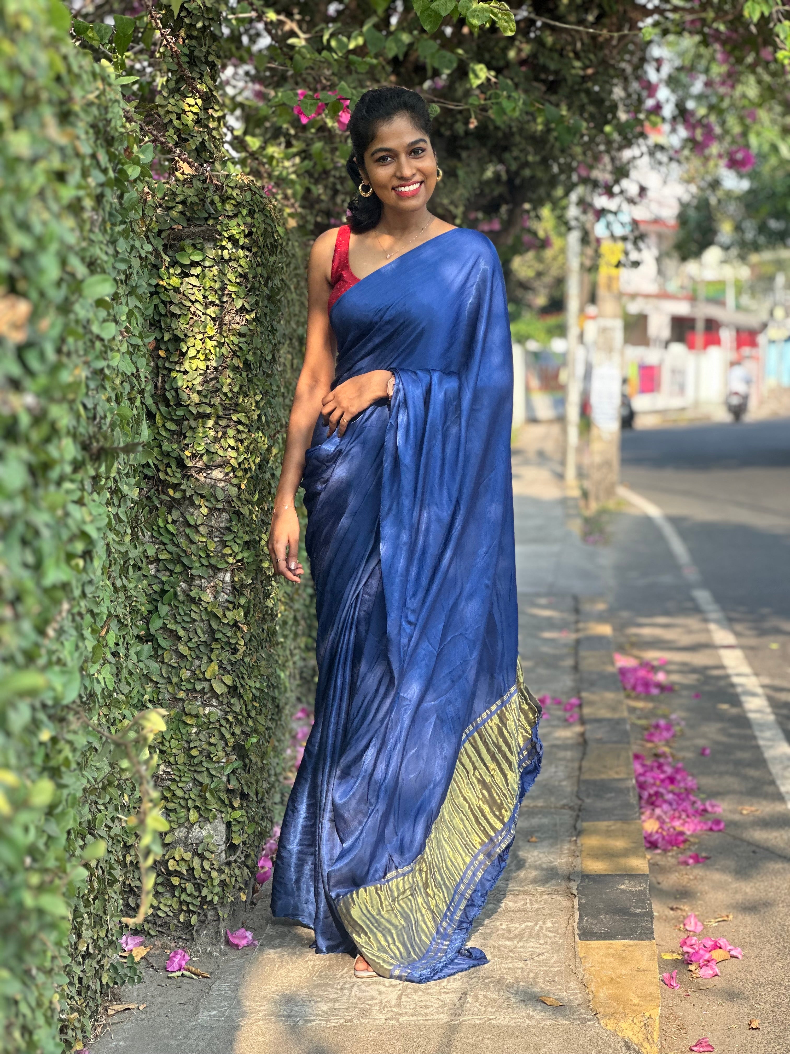 Blue Plain Modal silk Saree with Tissue Pallu