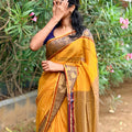 Stripes & Contrast Motif Border Mul Cotton Saree