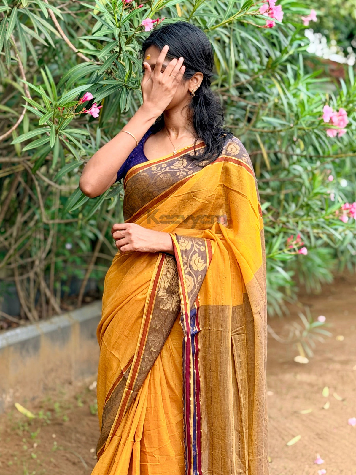 Stripes & Contrast Motif Border Mul Cotton Saree